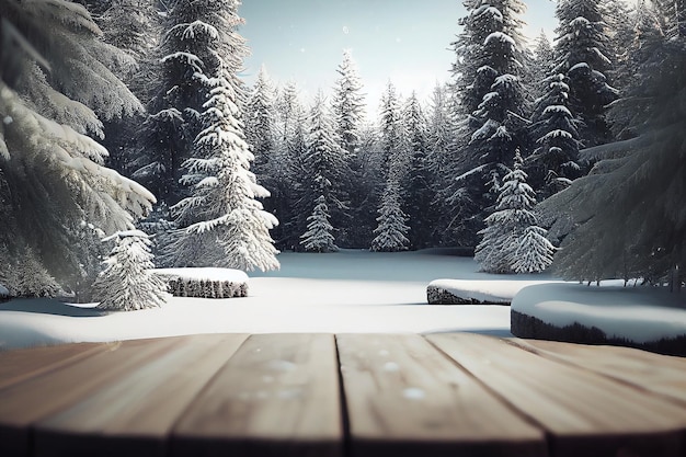 christmas winter landscape with wooden table background