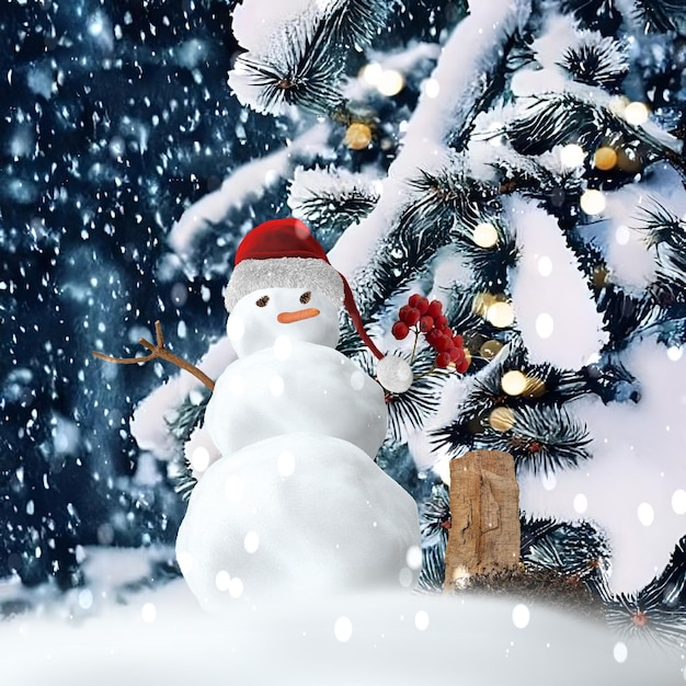 눈 인사말 카드 서식 파일로 덮여 소나무 근처 빨간 산타 모자에 크리스마스 겨울 눈사람