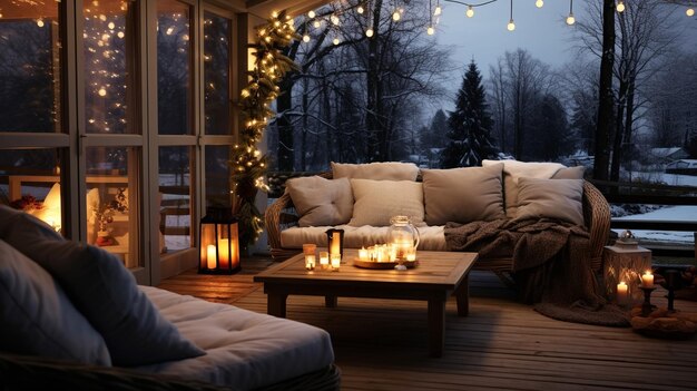 Photo christmas winter terrace outside blurred lantern c andle light soft sofa cozy atmosfear