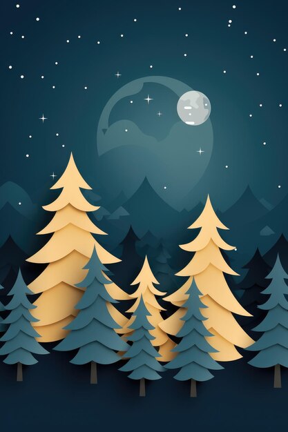 Christmas winter trees and star on the sky with moon Illustration Panoramana Generative ai