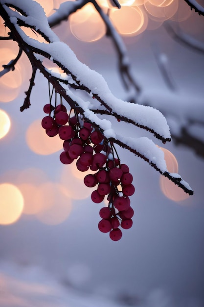 赤い実のある雪の枝のクリスマスの冬の雰囲気の写真