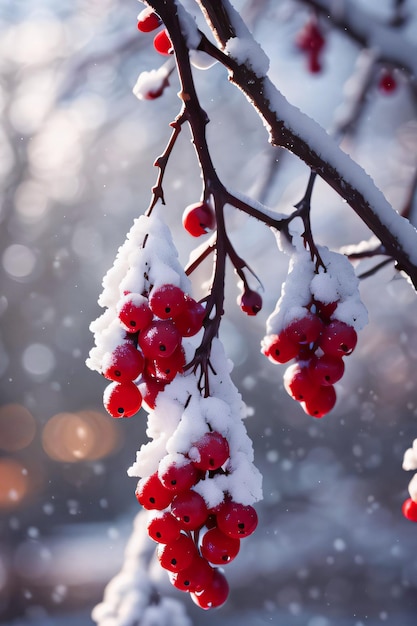 赤い実のある雪の枝のクリスマスの冬の雰囲気の写真