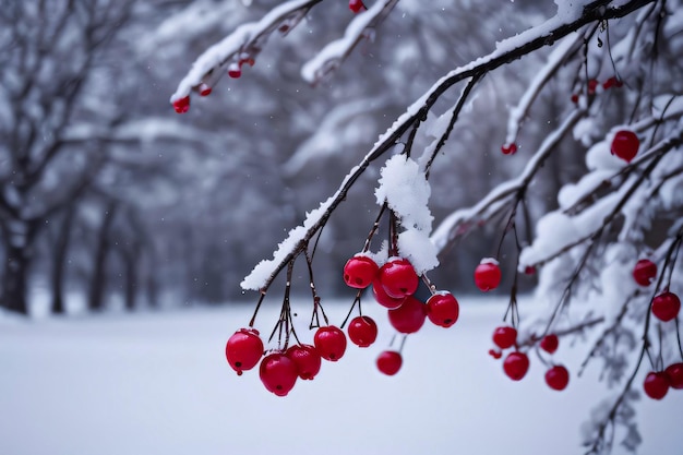 赤い実のある雪の枝のクリスマスの冬の雰囲気の写真