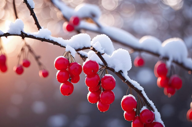 Christmas Winter Vibe Photo of the Snowy Branches with Red Berries