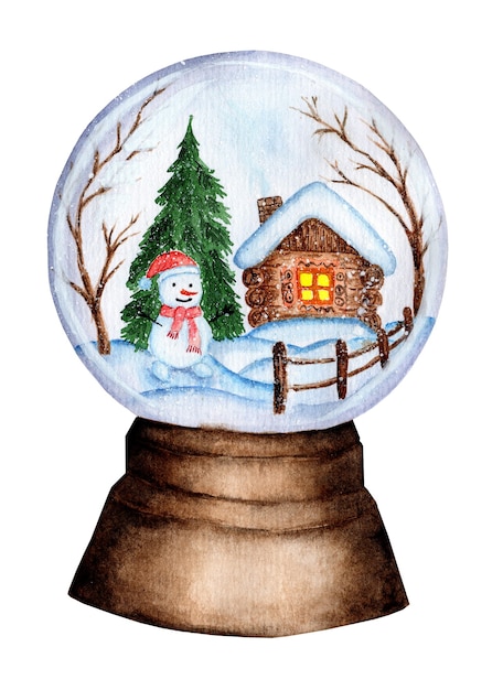 christmas winter watercolor snow globe with hut and fence snowman spruce and trees glass ball