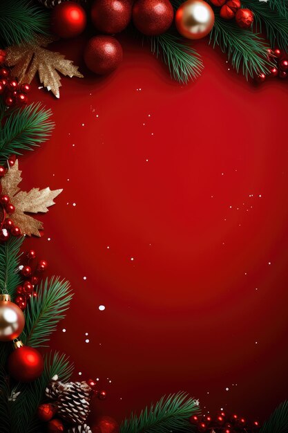 Christmas with fir branches and decoration ornament on red backround banner Generative ai