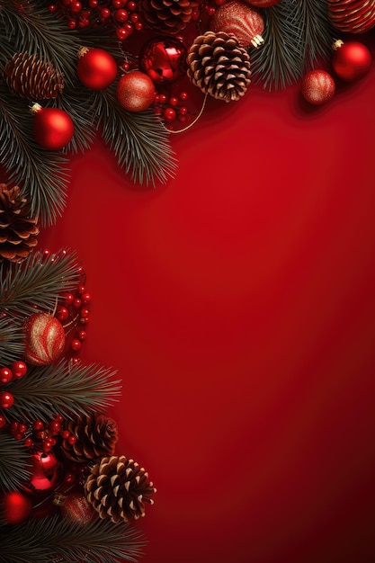 Christmas with fir branches and decoration ornament on red backround banner Generative ai