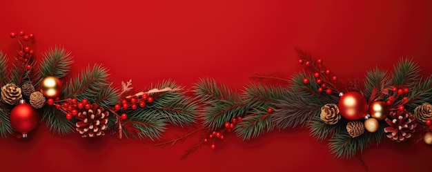 Рождество с еловыми ветвями и декоративным украшением на красном флаге на заднем плане