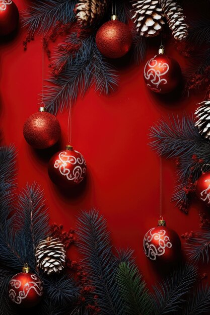 Christmas with fir branches and decoration ornament on red backround banner Generative ai