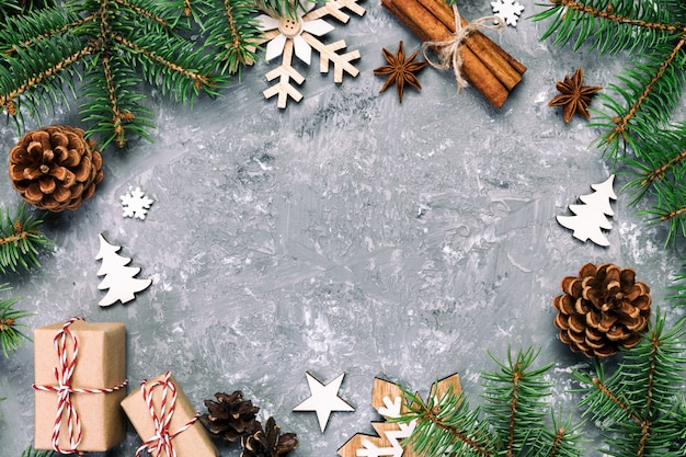 Christmas  with fir tree and gift box on wooden table, 