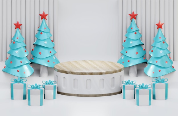 Christmas wood podium background with geometric shape with pine tree and gift box 3D illustration