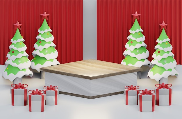소나무와 선물 상자 3D 일러스트와 함께 기하학적 모양으로 크리스마스 나무 연단 배경