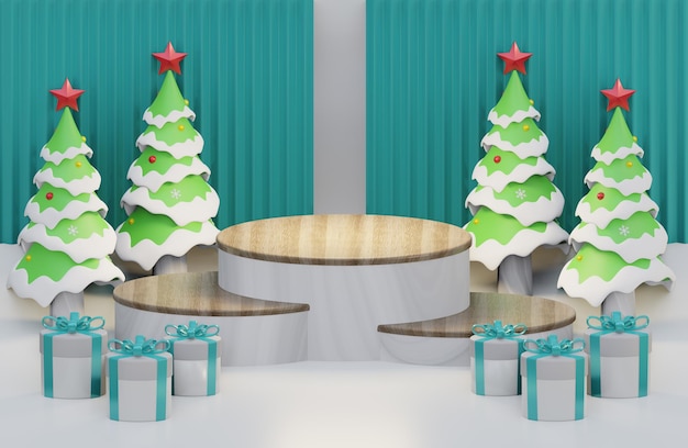 Christmas wood podium background with geometric shape with pine tree and gift box 3D illustration