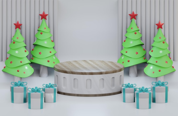 松の木とギフトボックスの3Dイラストと幾何学的な形のクリスマスの木の表彰台の背景