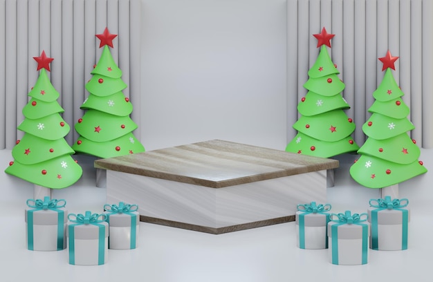 松の木とギフトボックスの3Dイラストと幾何学的な形のクリスマスの木の表彰台の背景