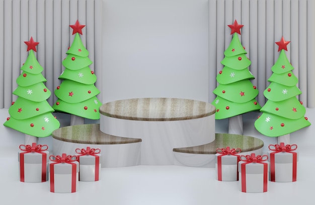 Christmas wood podium background with geometric shape with pine tree and gift box 3D illustration