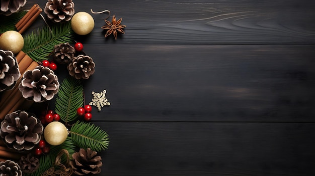 Christmas wooden background with Christmas decorations and space for text