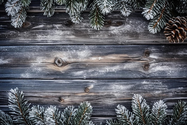 生成 AI ツールで作成された雪モミの木とクリスマスの木製の背景