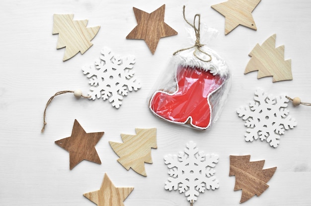 Christmas wooden decorations, and gingerbread cookie