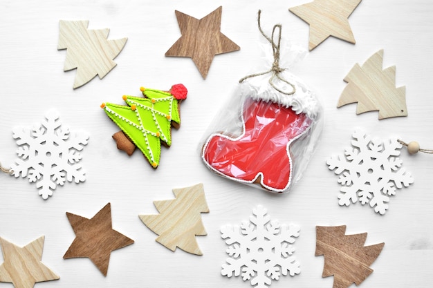 Christmas wooden decorations, and gingerbread cookie