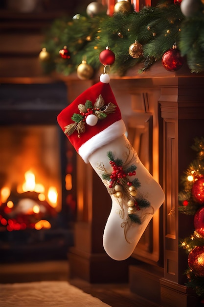 Christmas woolen socks on the fireplace