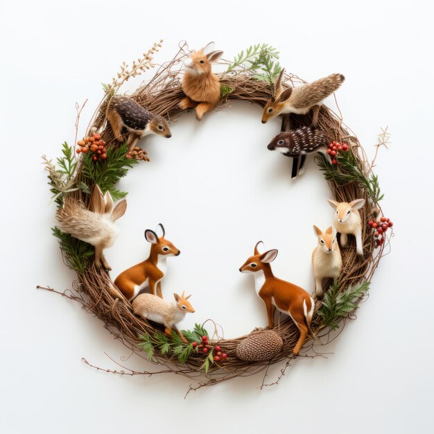 写真 クリスマスの花束は,田舎風の糸とミニチュアの森の動物の像で飾られています