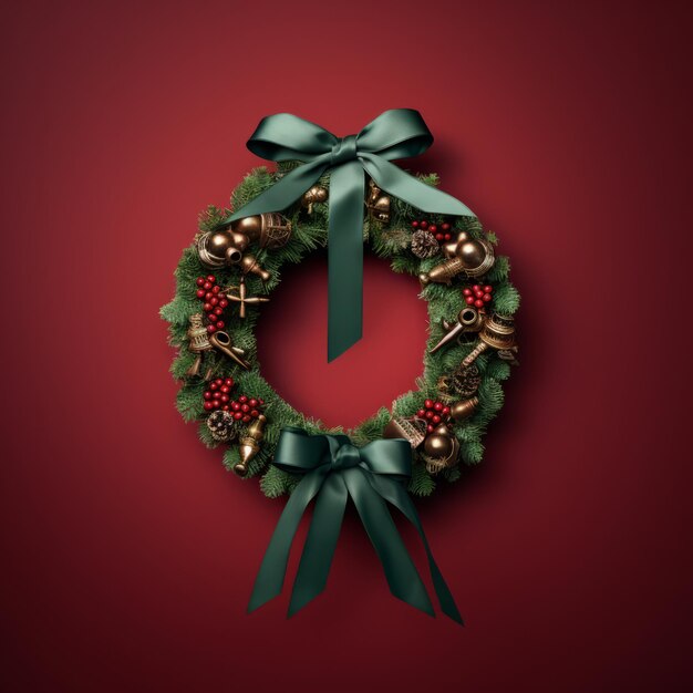 Photo christmas wreath adorned with tiny antiquestyle keys and velvet ribbons in deep burgundy