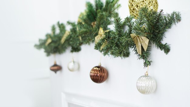 Christmas wreath, Christmas Decorations, background, lights and balls on white