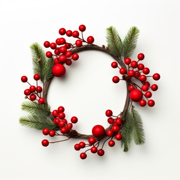 Christmas wreath crafted from frosted pine branches and miniature red lanterns