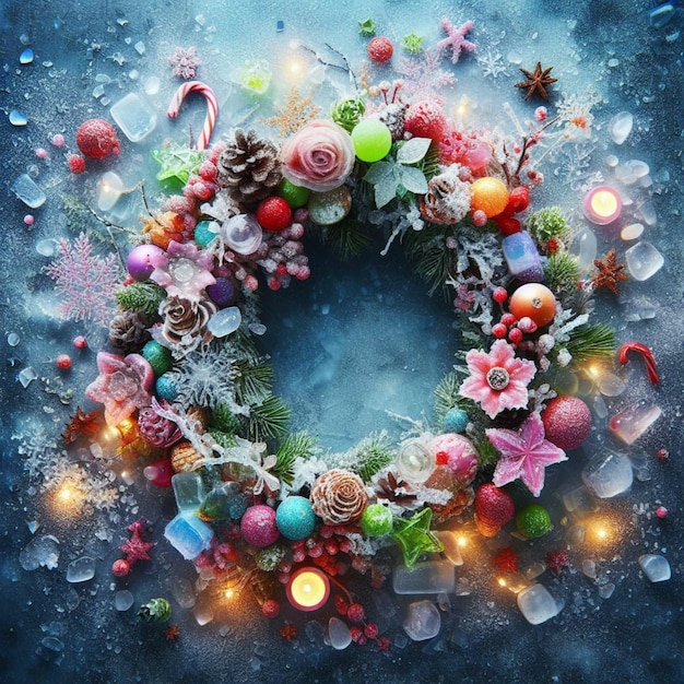 Christmas wreath decoration with christmas ornament with giftboxes snowflakes amp snowfall