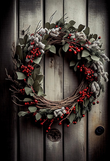 Christmas wreath on door illuminated by garlands AI Generated