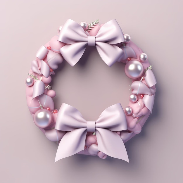 Photo christmas wreath featuring delicate blush pink ribbons and small pearlized ornaments