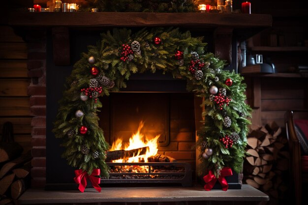 Photo christmas wreath fireplace