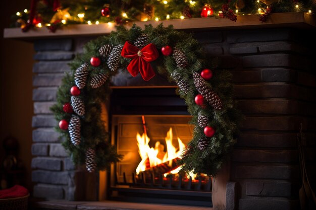 Photo christmas wreath fireplace