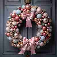 Photo christmas wreath on the front door minimalism pink shades realistic stock photography high qua