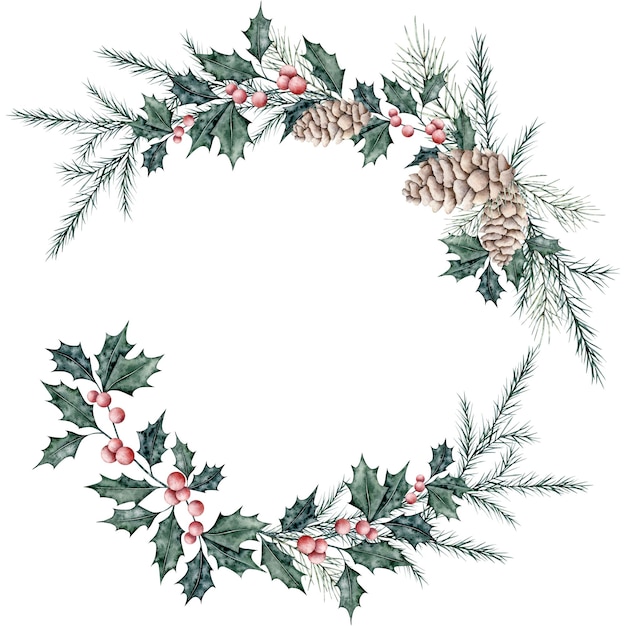 Christmas wreath of ilex branches with red berries and spruce branch evergreen tree pine cone