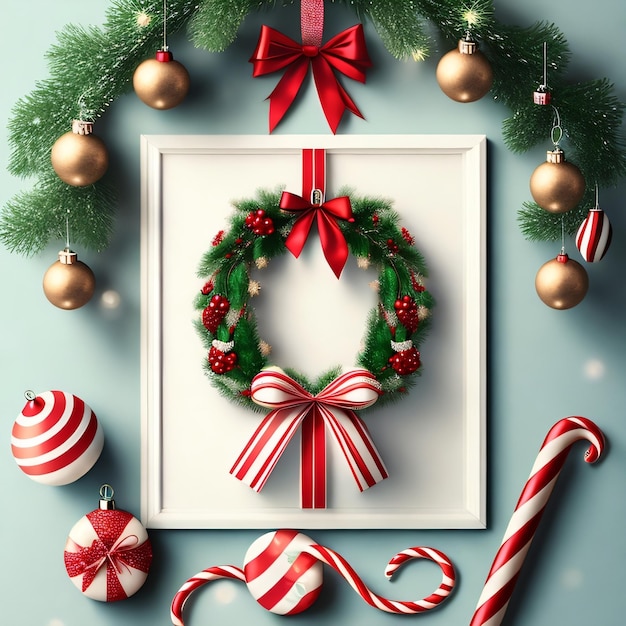 A christmas wreath is in a frame with a wreath and candy canes.
