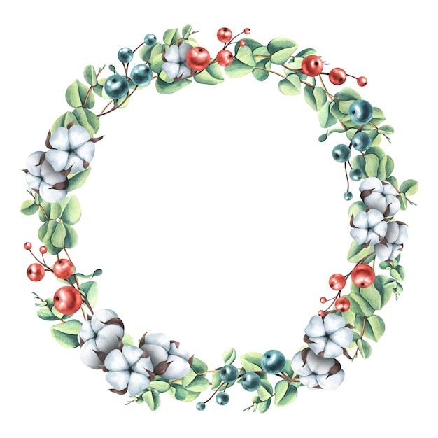 コットンとベリーのユーカリの小枝で作られたクリスマス リース 水彩イラスト COZY WINTER の大規模なセットからのラウンド フレーム クリスマス カードの装飾の装飾とデザイン
