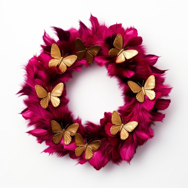Christmas wreath made from vibrant magenta feathers and adorned with golden butterfly ornaments