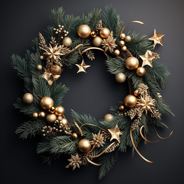 Christmas wreath made of naturalistic looking pine branches decorated with golden stars and bubbles