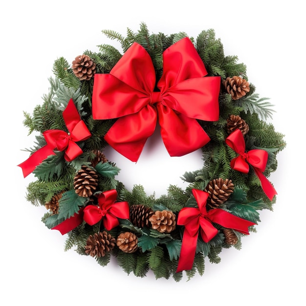 Christmas wreath made of naturalistic looking Pine branches decorated with red berries Generative ai