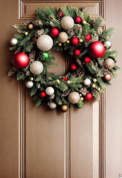 古い木製のドアのクリスマス リース新年お祝いコンセプト新年あけましておめでとうございますエントリ