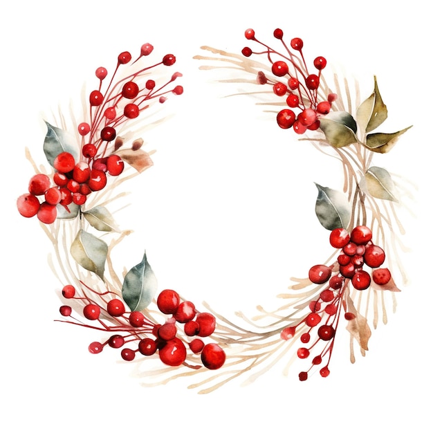 Christmas wreath of red berries and leaves Watercolor christmas illustration