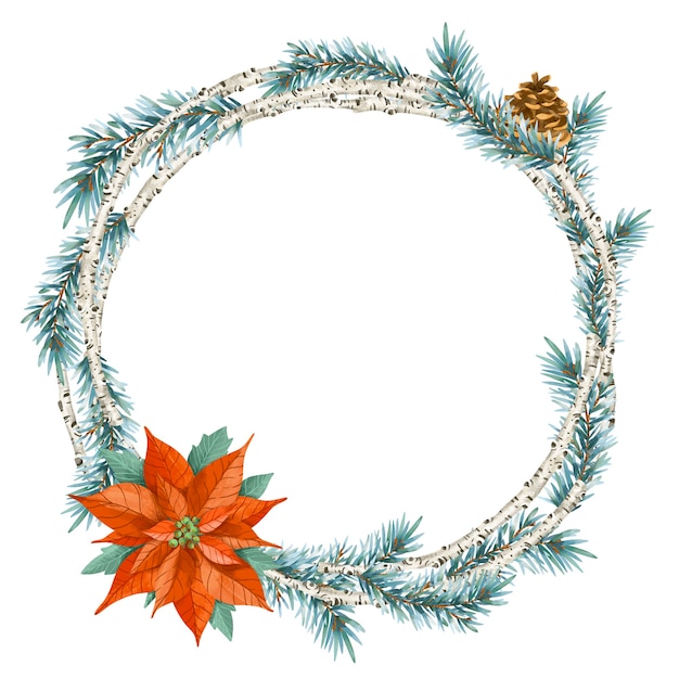 Christmas wreath in vintage style. round frame with spruce branch, poinsettia, birch isolated on white