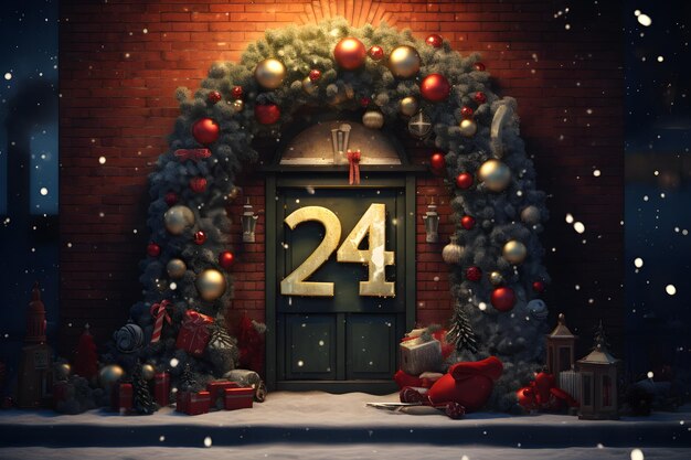 Christmas wreath with 2024 numbers sign New year poster calendar