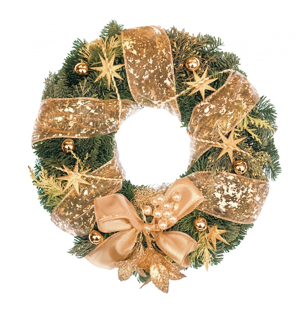 Christmas wreath with golden decorations on white