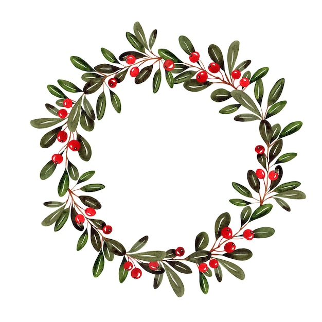 Photo christmas wreath with leaves and red berries watercolor