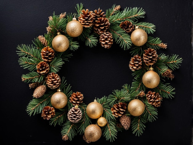 Рождественский венок с сосновыми конусами и золотыми украшениями, изолированными на черном фоне.