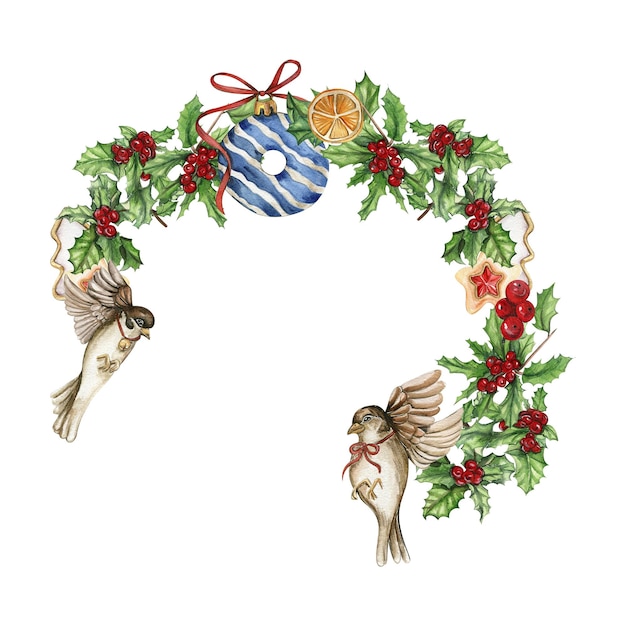 Photo christmas wreath with plants watercolor illustration