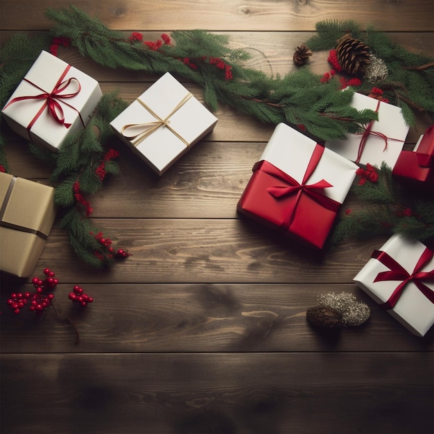 A christmas wreath with presents and a pine branch on the left.